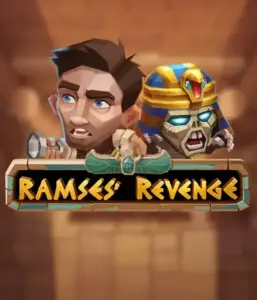 Uncover the thrilling world of the Ramses' Revenge game by Relax Gaming, showcasing a frightened explorer and a terrifying mummy set against an Egyptian tomb backdrop. This graphic captures the adventure of tomb exploration, perfect for fans of Egyptian-themed slots, providing a gripping escape. 